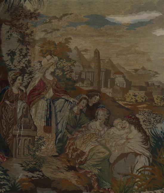 A large Victorian woolwork tapestry, Moses in the bulrushes, in rosewood and gilt frame